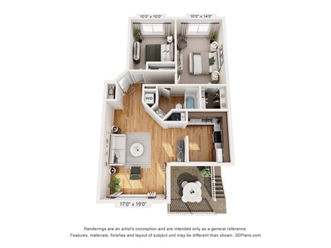 Floor plan for 2 beds, 1 bath, 875 sqft